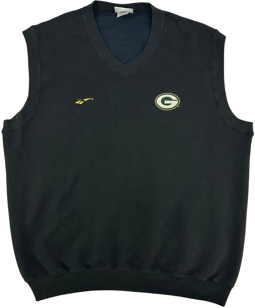 VTG 90s Men's Black Embroidered Reebok Green Bay Packers V Neck Sweater Vest XL